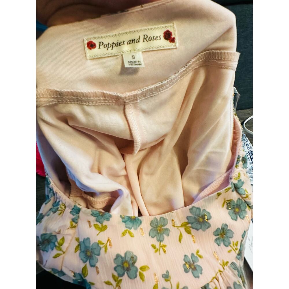 Poppies & Roses Girls Pink Blue Floral Puff Sleeve Casual Dress Size Small NWT - Picture 3 of 5
